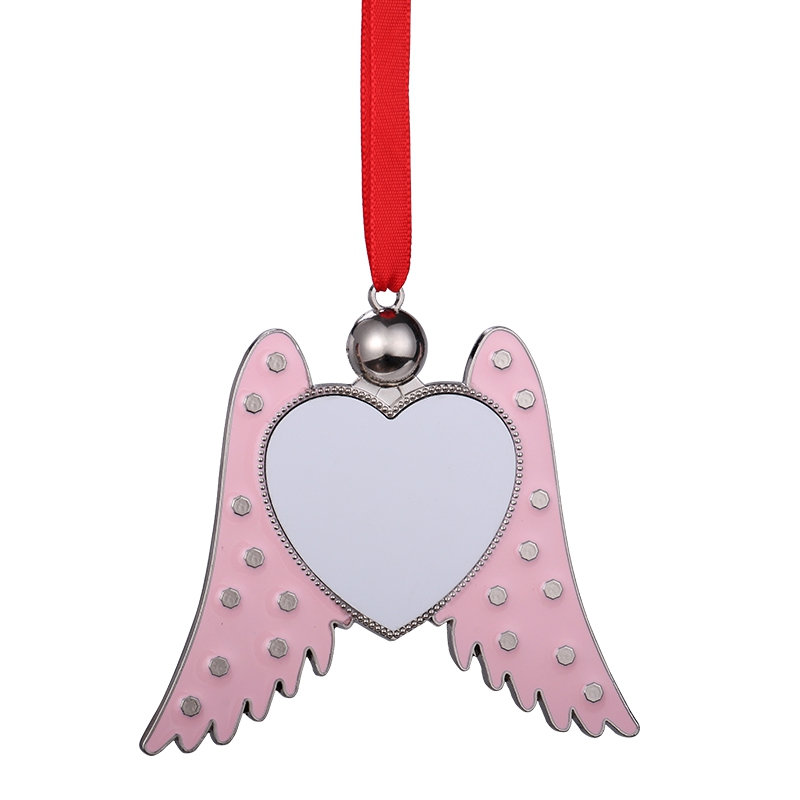 Sublimation Blank Metal Angel Wings Heart Christmas Ornaments (pink)