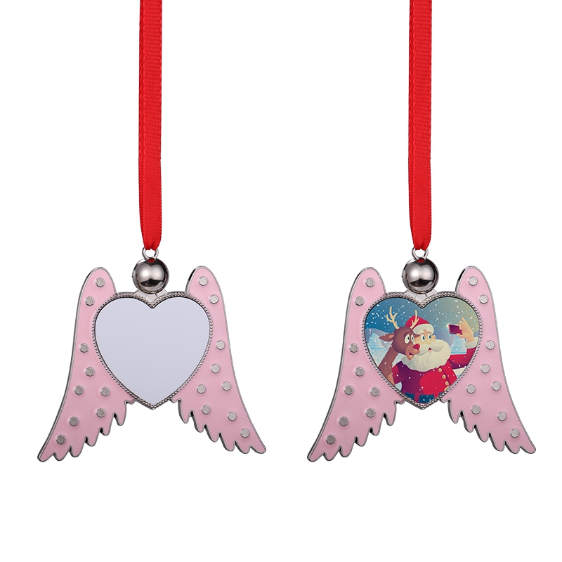 Sublimation Blank Metal Angel Wings Heart Christmas Ornaments (pink)