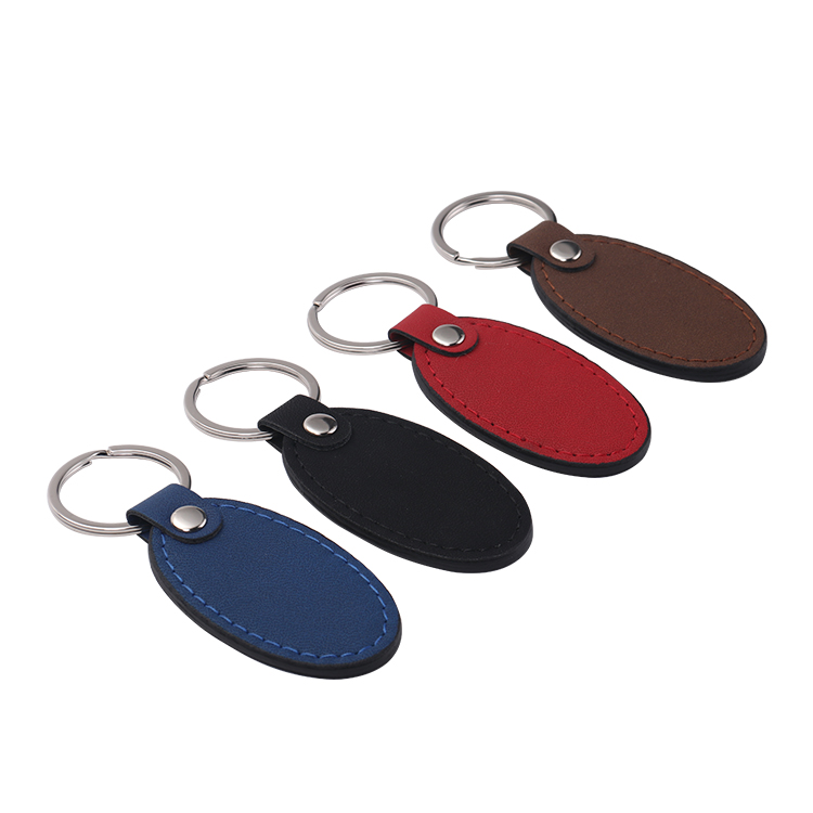 Laser Blank Oval Shape Leather Keychains-blue